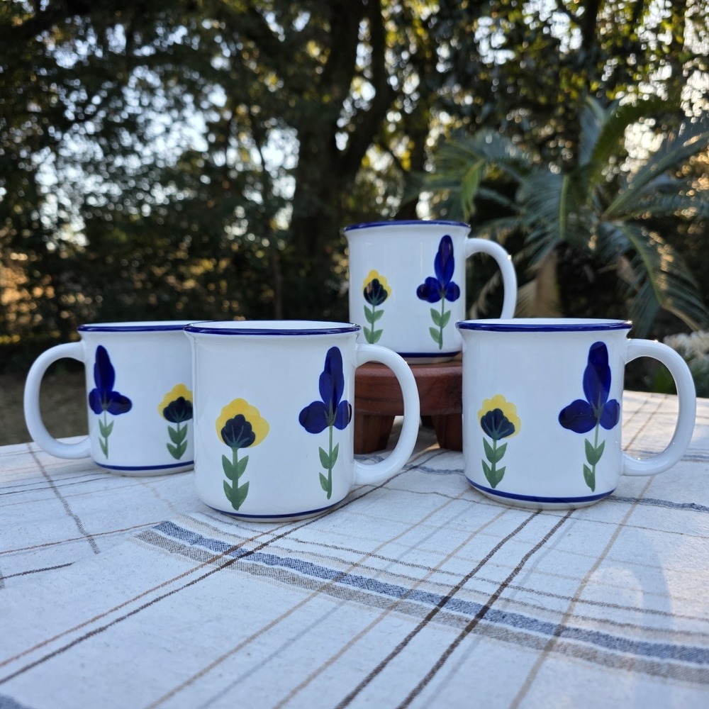 Set 4 Vintage Dansk San Nicolo Ceramic Blue Yellow Floral Coffee Mugs Cups